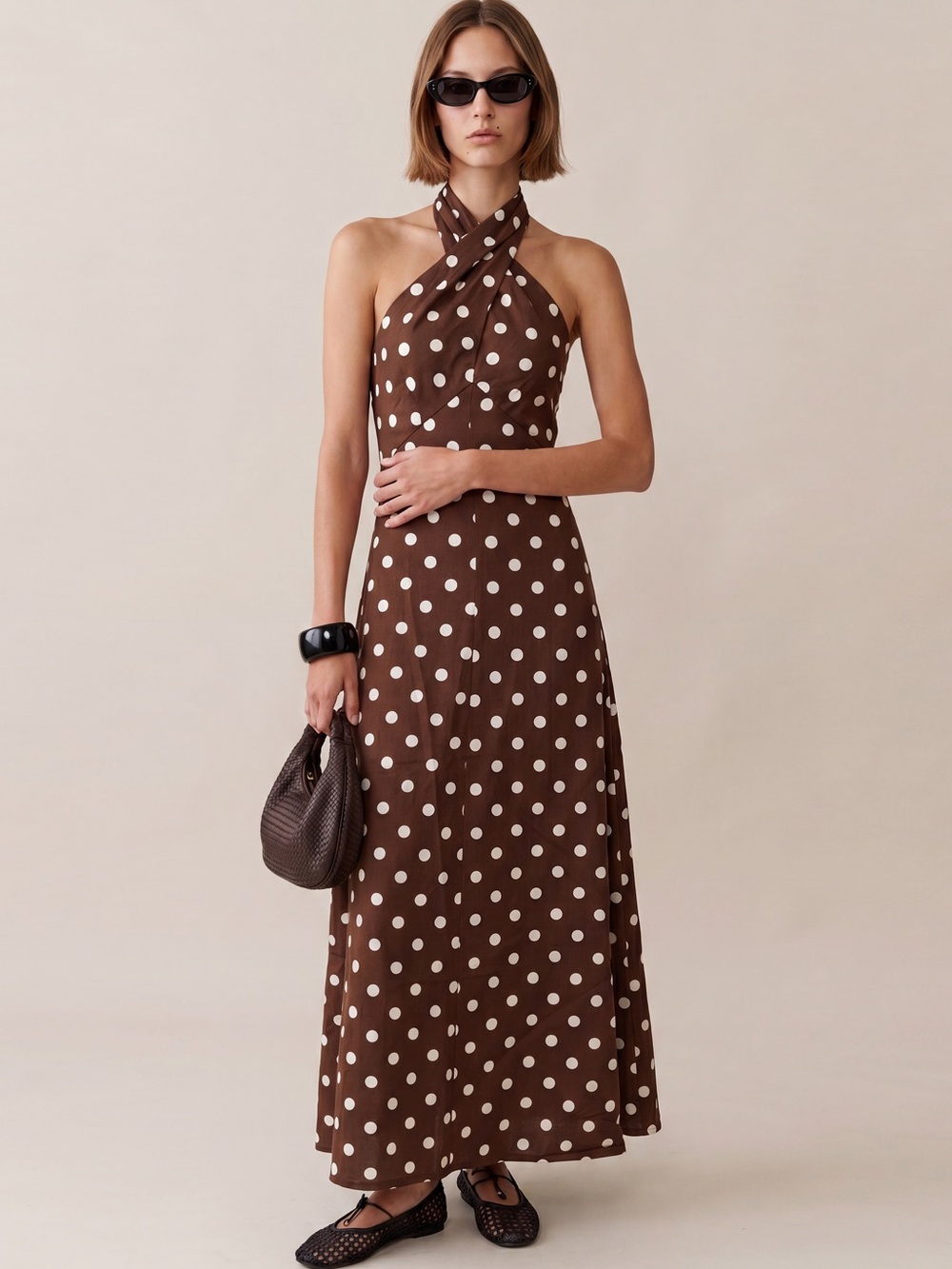 Polka Dot Brown One-Shoulder Maxi Dress